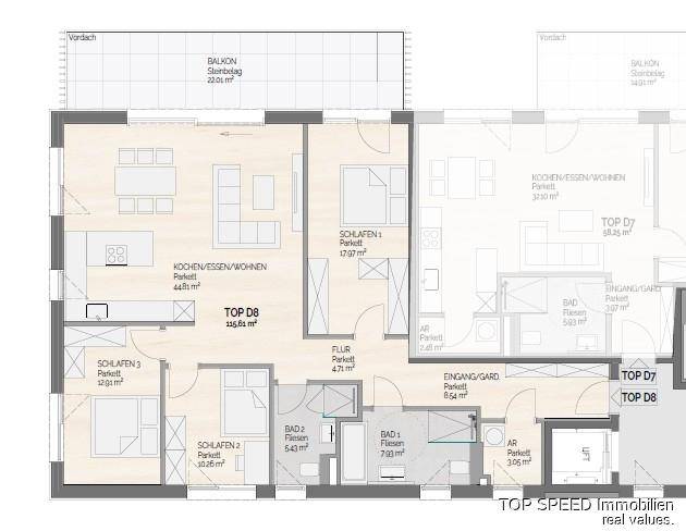 Detaillierter Grundriss einer Wohnung mit offenem Wohnbereich und mehreren Schlafzimmern.