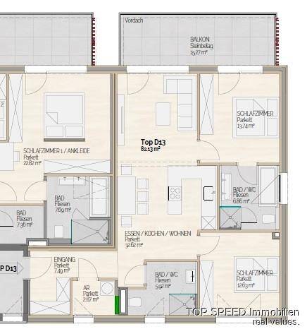 Detaillierter Grundriss einer Wohnung mit mehreren Schlafzimmern, Bädern und einem Balkon.