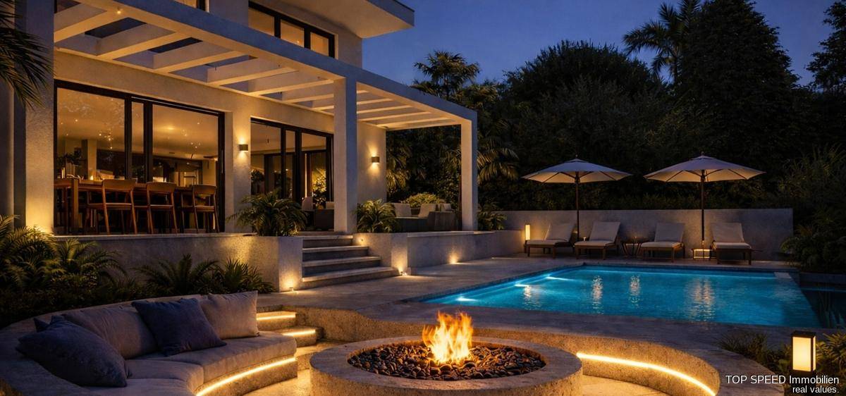 Beleuchtete Villa bei Nacht mit glitzerndem Pool, gemütlicher Feuerstelle und stilvollen Lounge-Bereichen.