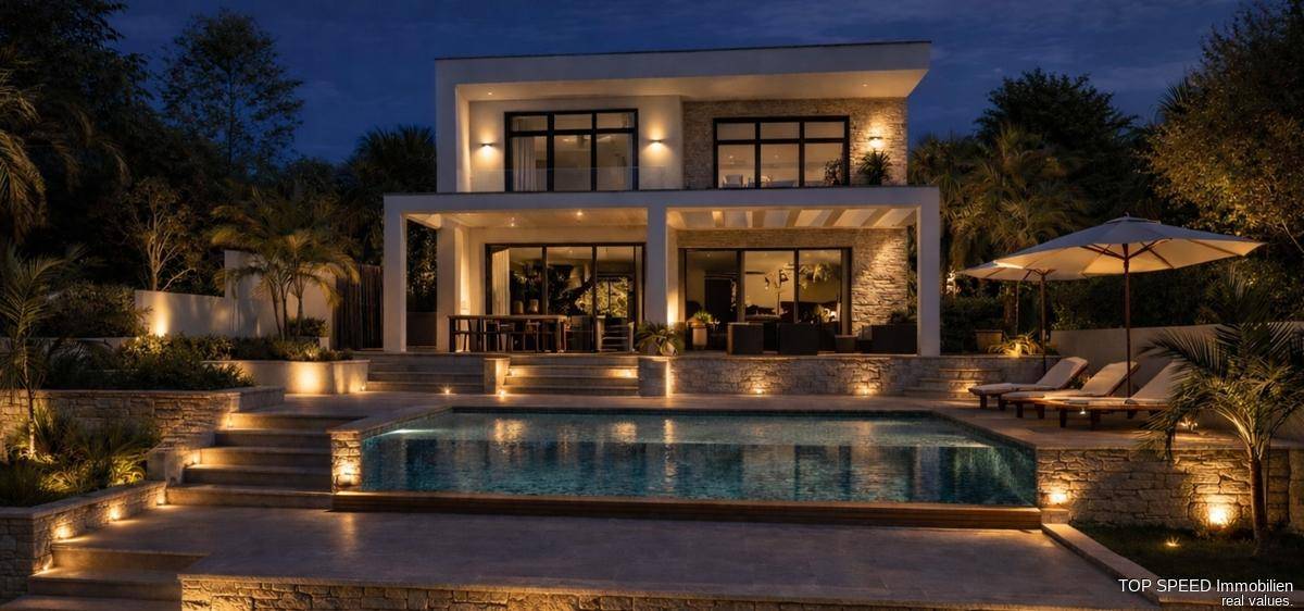 Beeindruckende Villa bei Nacht mit beleuchtetem Poolbereich, Feuerstelle und mehreren Terrassen.