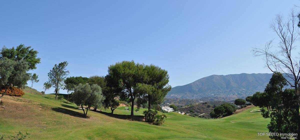 Grüne Golflandschaft mit Bäumen und Bergen im Hintergrund unter einem strahlend blauen Himmel.