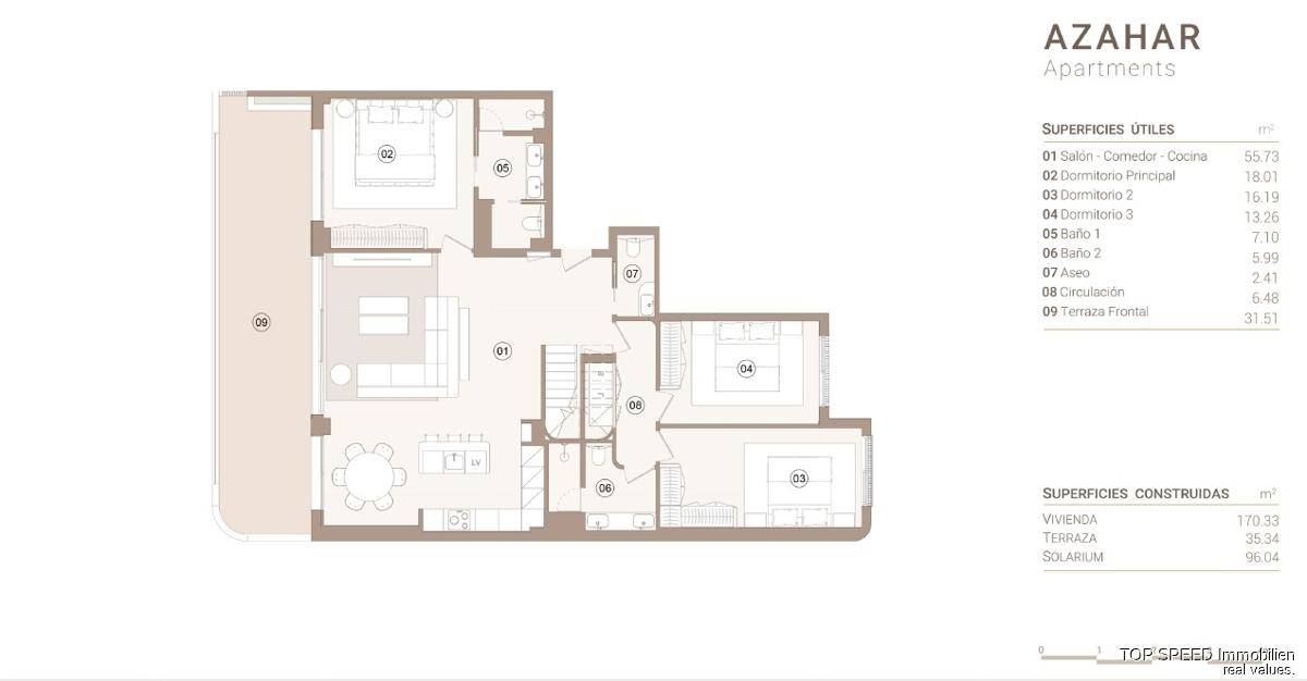 Detaillierter Grundriss einer Wohnung mit drei Schlafzimmern und offener Wohnküche.