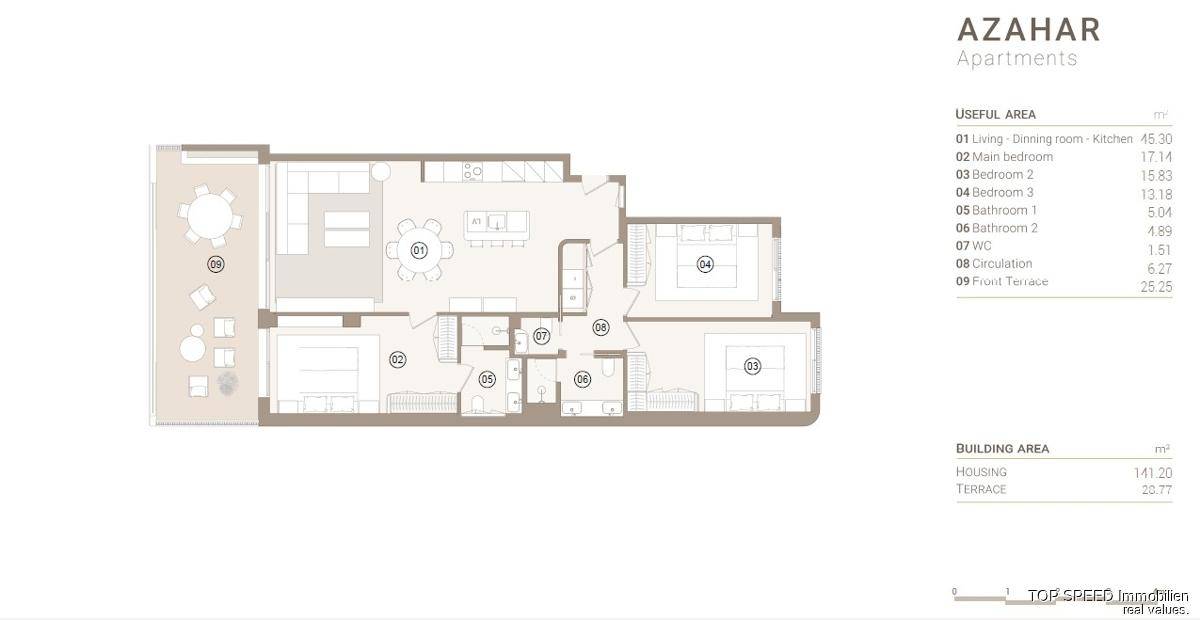 Detaillierter Grundriss einer Wohnung mit offenem Wohnbereich und großer Terrasse.