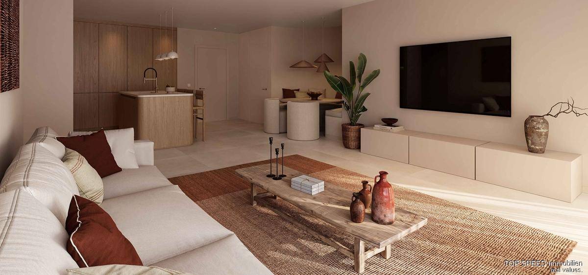 Gemütliches Wohnzimmer mit großem Teppich, modernem TV-Möbel und indirekter Beleuchtung, Blick zur Küche.
