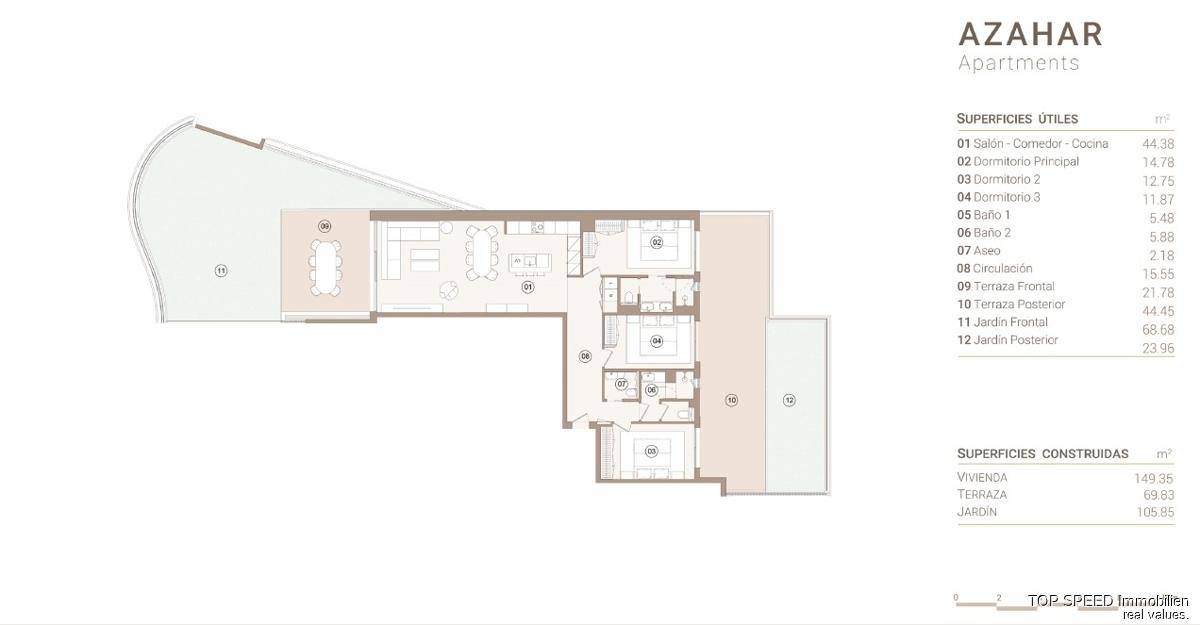 Grundriss einer Wohnung mit drei Schlafzimmern, offenem Wohnbereich und zwei großzügigen Terrassen.