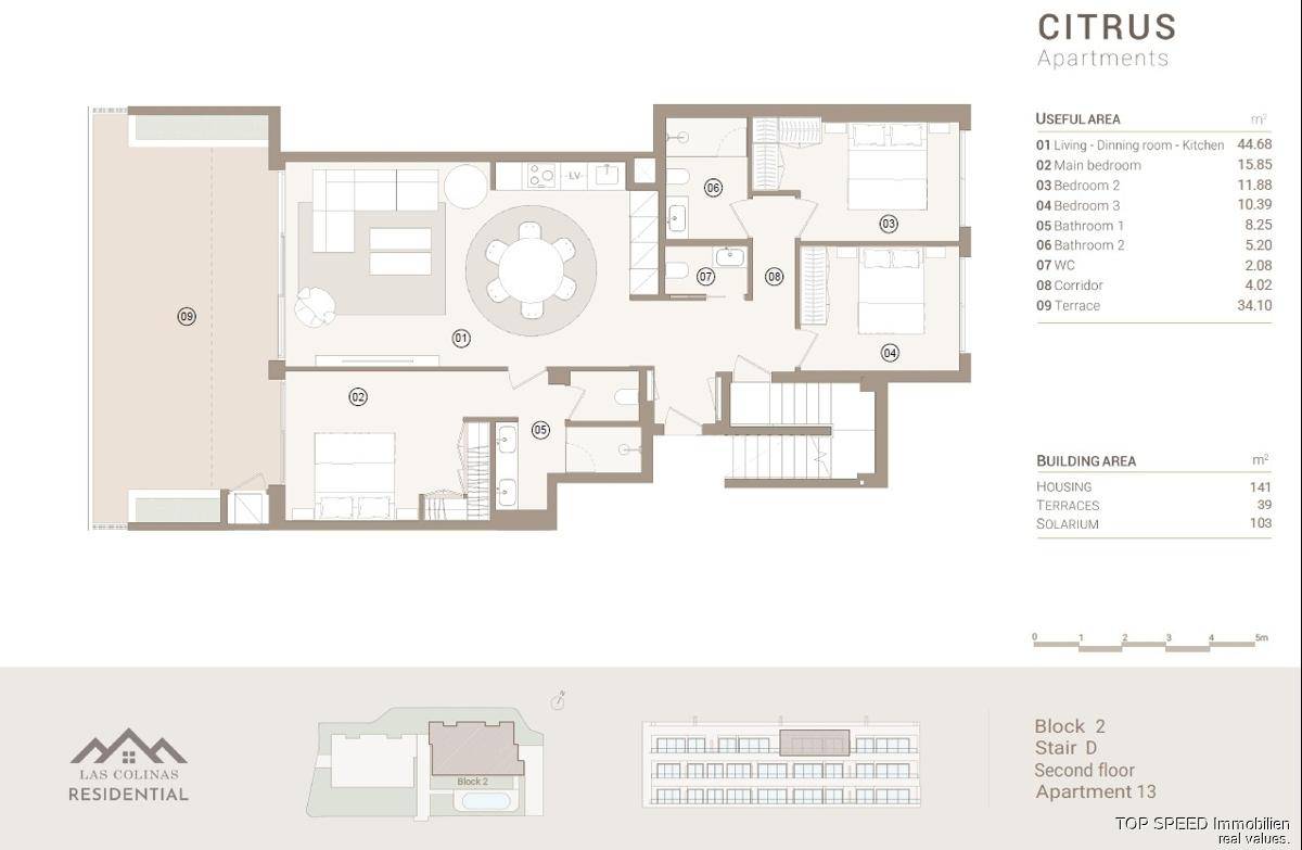 Detaillierter Grundriss der Citrus Apartments, Block 2, Wohnung 13, mit Raumaufteilung und Flächenangaben.