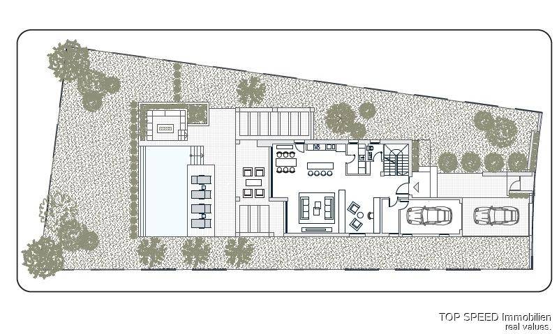 Grundriss des Erdgeschosses mit offenem Wohnbereich, Küche, Pool und Garage.