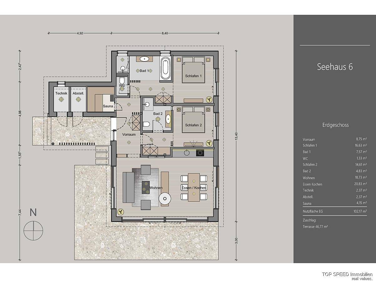 Grundriss des Erdgeschosses von Seehaus 6 mit zwei Schlafzimmern, Sauna und großer Terrasse.