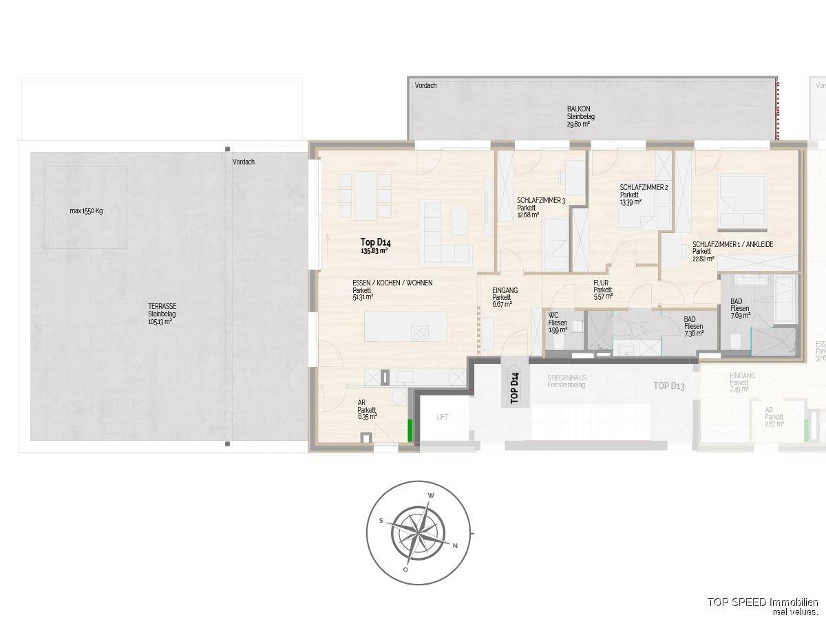 Grundriss einer modernen Wohnung mit offener Wohnküche, drei Schlafzimmern, zwei Bädern und großer Terrasse.