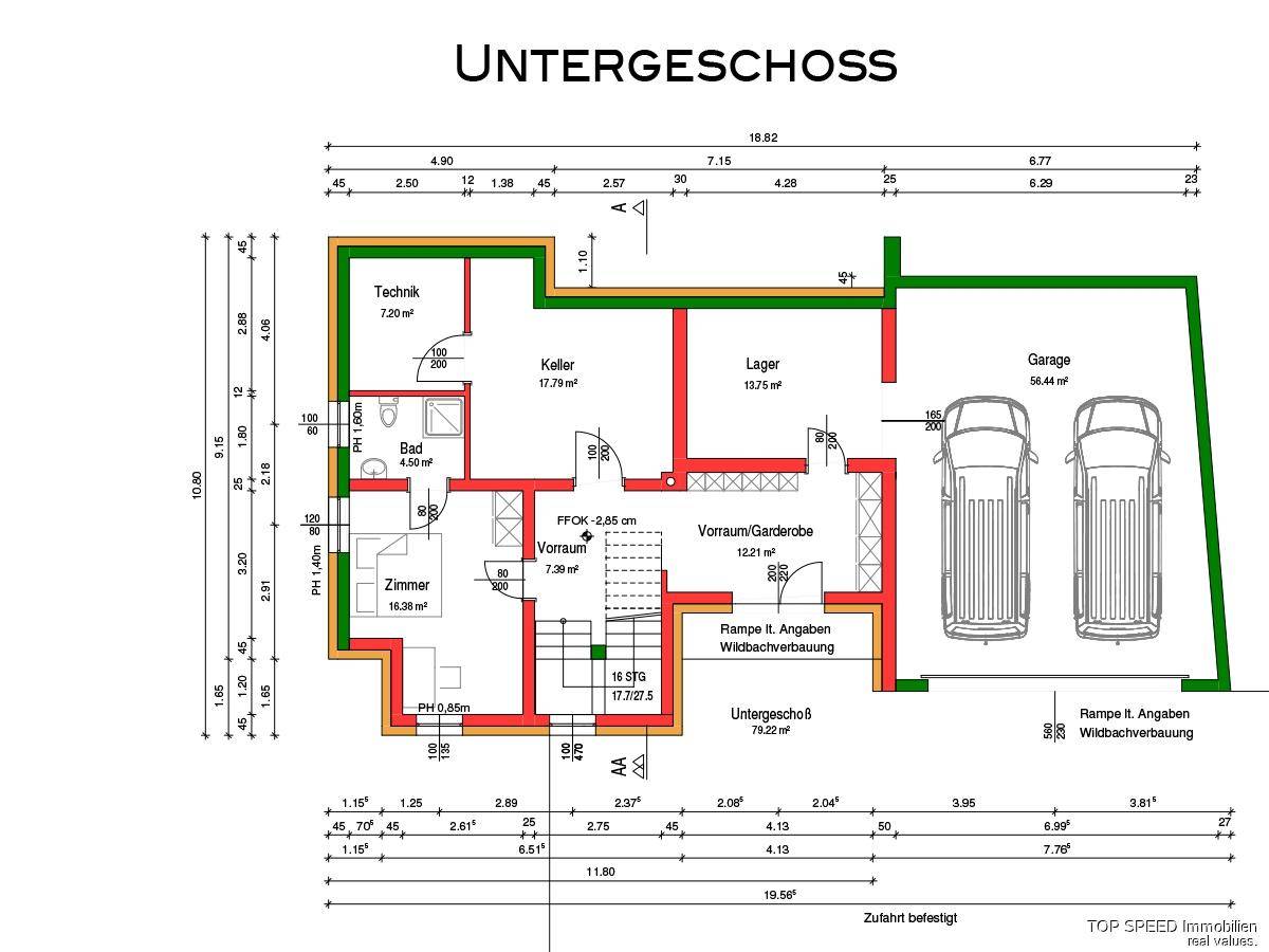 Grundriss des Untergeschosses mit Technikraum, Keller, Lager und Doppelgarage.