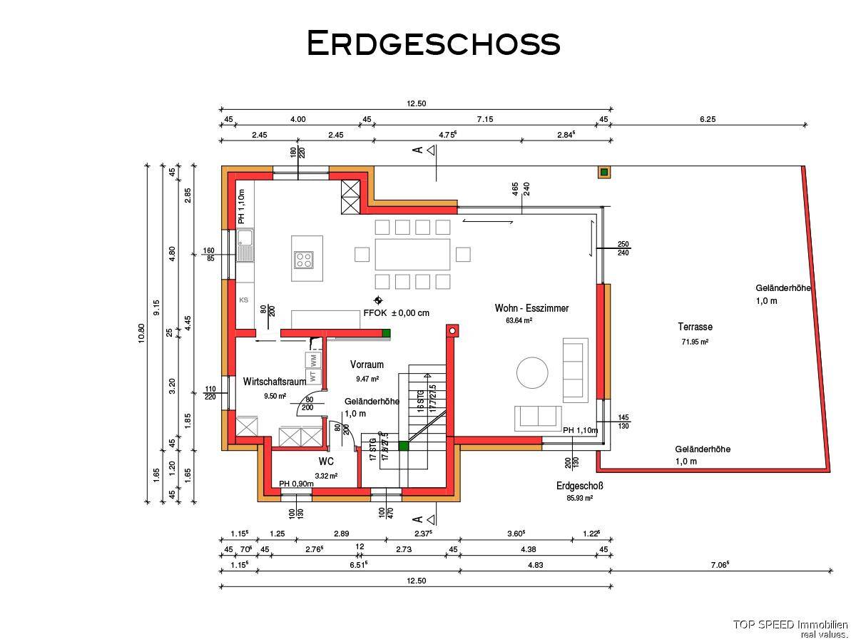 Grundriss des Erdgeschosses mit offenem Wohn-Esszimmer, Küche und großer Terrasse.