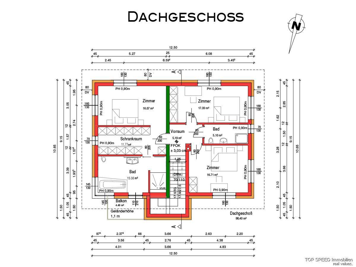 Grundriss des Dachgeschosses mit drei Schlafzimmern, zwei Bädern und Balkon.
