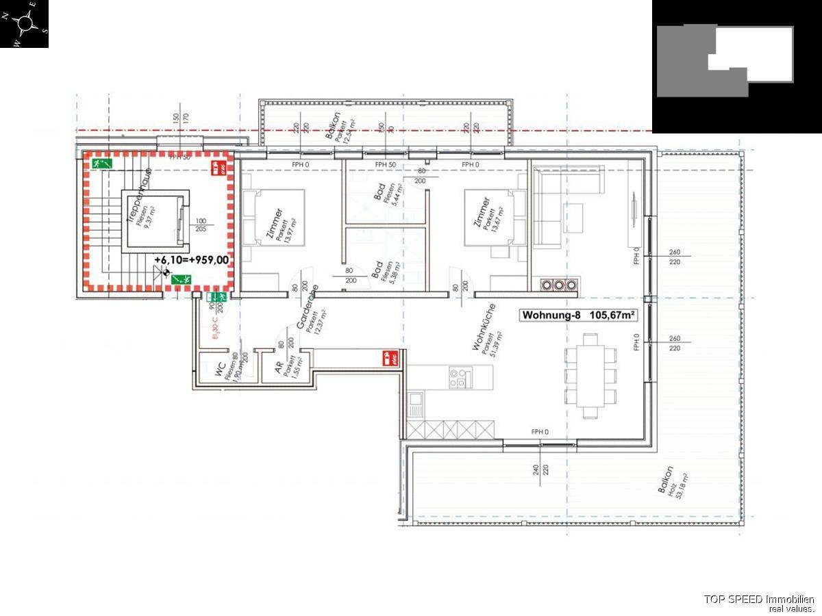 Grundriss einer Wohnung mit drei Zimmern, offenem Wohnbereich und Balkonzugang.