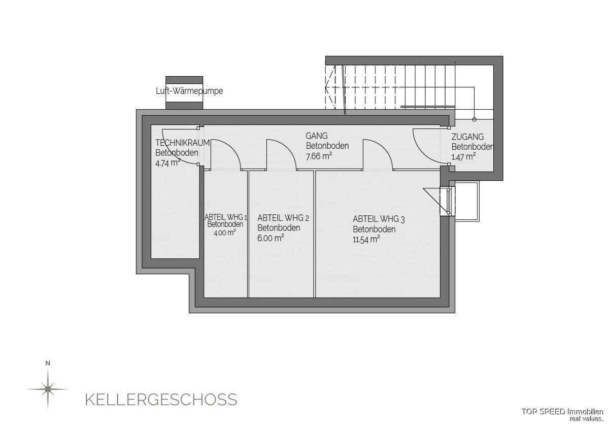Grundriss des Kellergeschosses mit Technikraum und Abstellräumen.