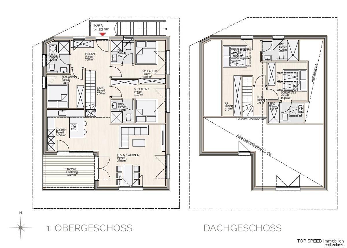 Grundriss des ersten Obergeschosses und Dachgeschosses mit mehreren Schlafzimmern und Bädern.