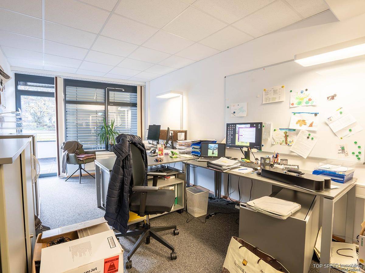 Großes Büro mit mehreren Arbeitsplätzen, Whiteboard und viel Tageslicht durch die Fensterfront.