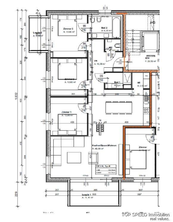 Detaillierter Grundriss mit offener Küche, Wohnbereich, drei Schlafzimmern und zwei Bädern.