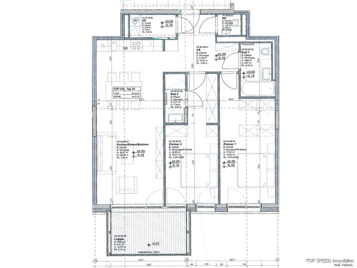 Detaillierter Grundriss einer Wohnung mit mehreren Zimmern und einem Balkon.