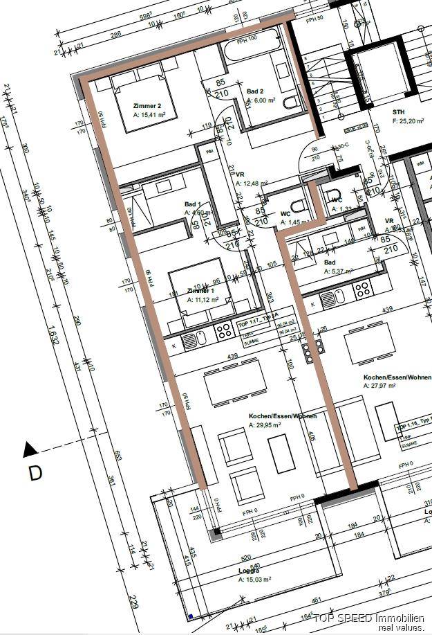Detaillierter Grundriss mit Raumaufteilung für eine moderne Wohneinheit.