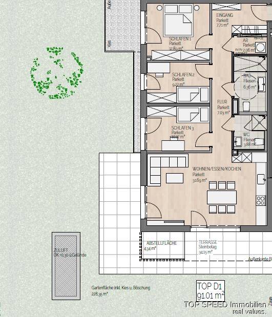 Detaillierter Grundriss einer Wohnung mit drei Schlafzimmern, offener Wohnküche und großer Terrasse.