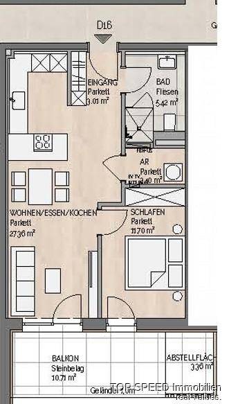 Grundriss einer Wohnung mit offenem Wohn-Ess-Kochbereich, Schlafzimmer und Balkon.