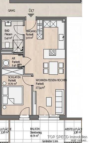 Grundriss einer Wohnung mit offenem Wohn-/Ess-/Kochbereich, Schlafzimmer, Bad und Balkon.