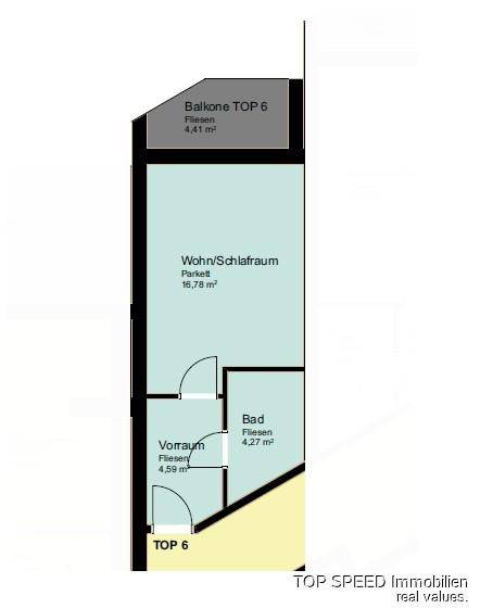 Grundriss für eine Wohneinheit mit Wohn-/Schlafbereich, Bad, Vorraum und Balkon.