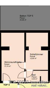 Grundriss der Wohnung TOP 5 mit Wohnraum, Schlafzimmer und Bad, inklusive Balkonfläche von 20,06 m².