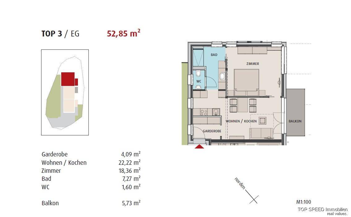Grundriss der Wohnung TOP 3 im Erdgeschoss mit offenem Wohn-Kochbereich, Schlafzimmer und Balkon.
