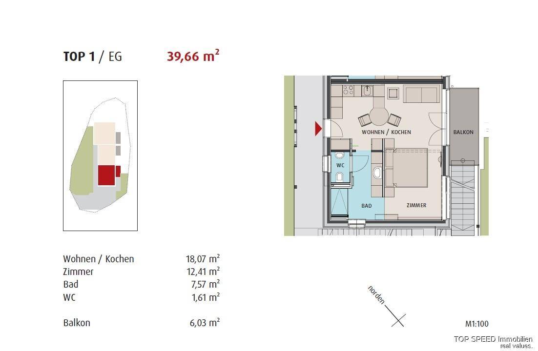 Grundriss der Wohnung TOP 1 mit offenem Wohn-/Kochbereich, Schlafzimmer und Balkon.