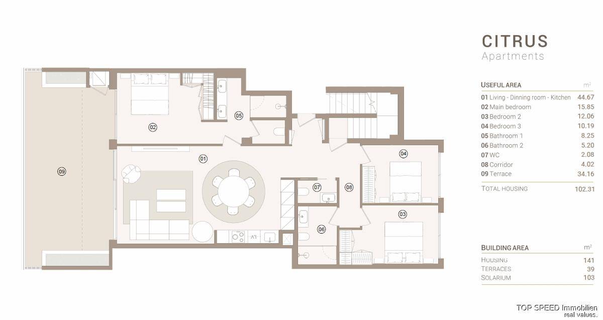 Grundriss einer Wohnung mit drei Schlafzimmern, zwei Bädern und großer Terrasse.