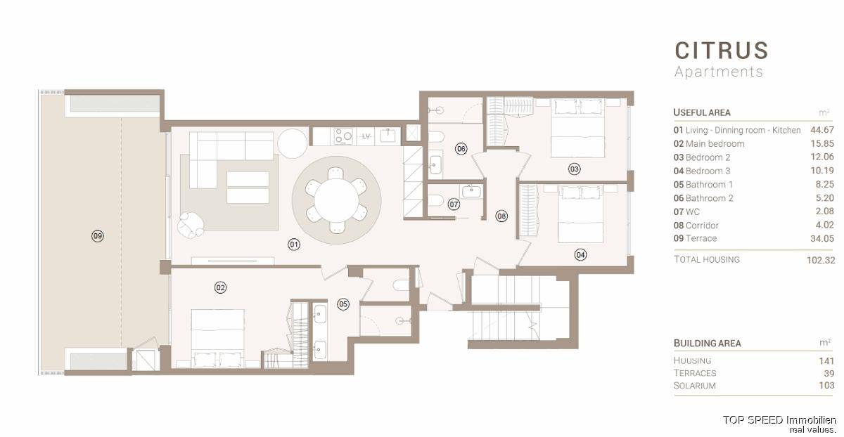 Grundriss der Wohnung mit Wohn-Essbereich, zwei Bädern und Terrasse.