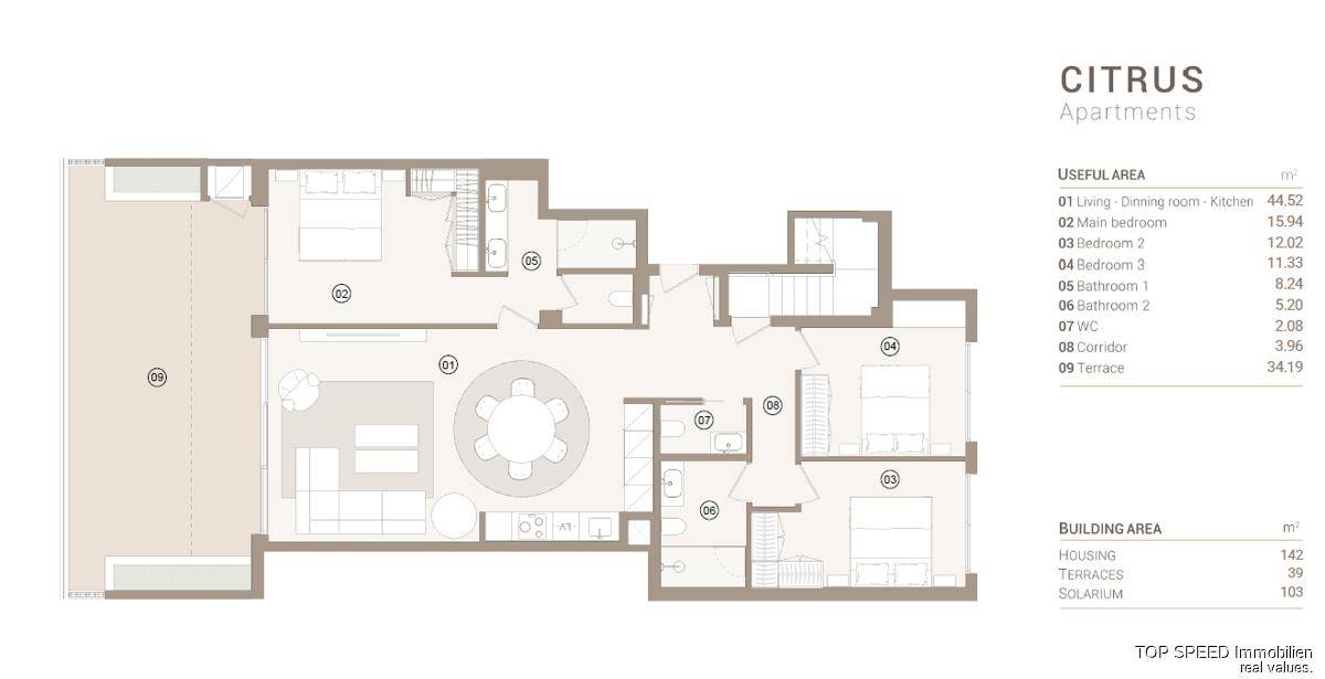 Grundriss einer Wohnung mit drei Schlafzimmern, offenem Wohnbereich und großer Terrasse.
