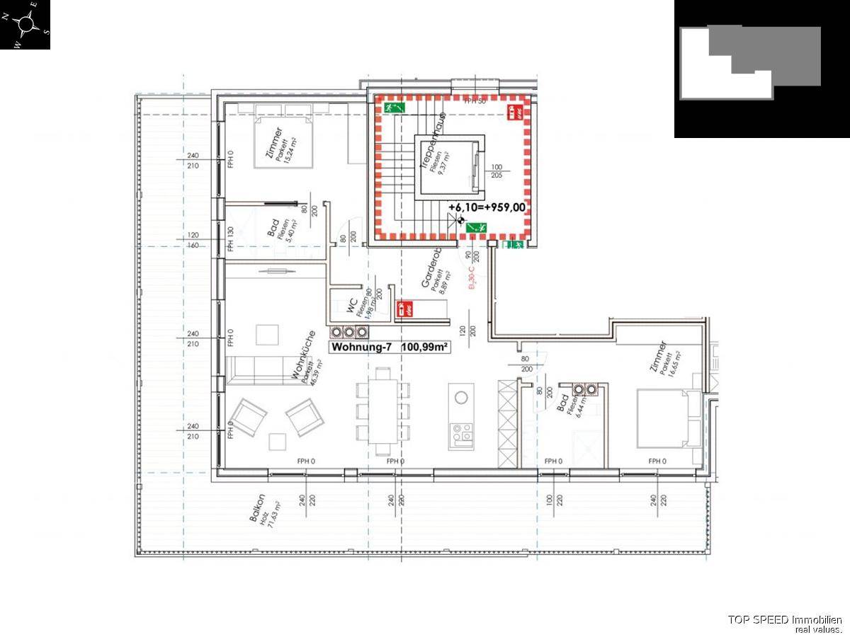 Grundriss einer Wohnung mit drei Zimmern, offener Wohnküche und Balkonzugang.