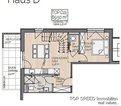 Grundriss von Haus D, Top D21, mit 69,50 m² Wohnfläche, Balkon und offenem Wohnbereich.