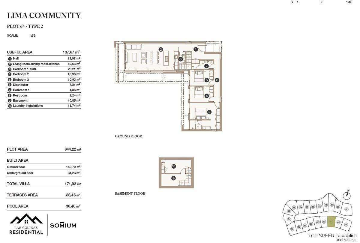 Grundriss der Villa mit Erdgeschoss und Kellergeschoss, detailliert die Raumaufteilung.
