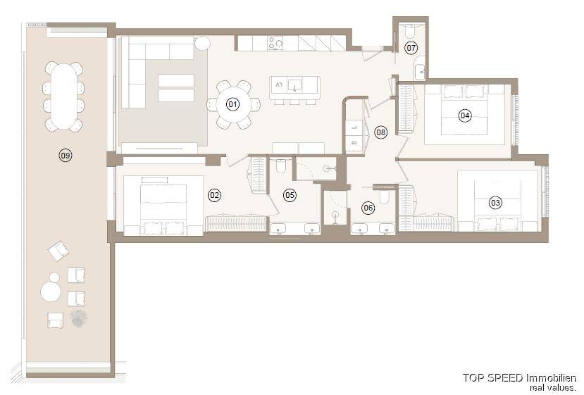 Detaillierter Grundriss einer Wohnung mit drei Schlafzimmern, offenem Wohnbereich und großer Terrasse.