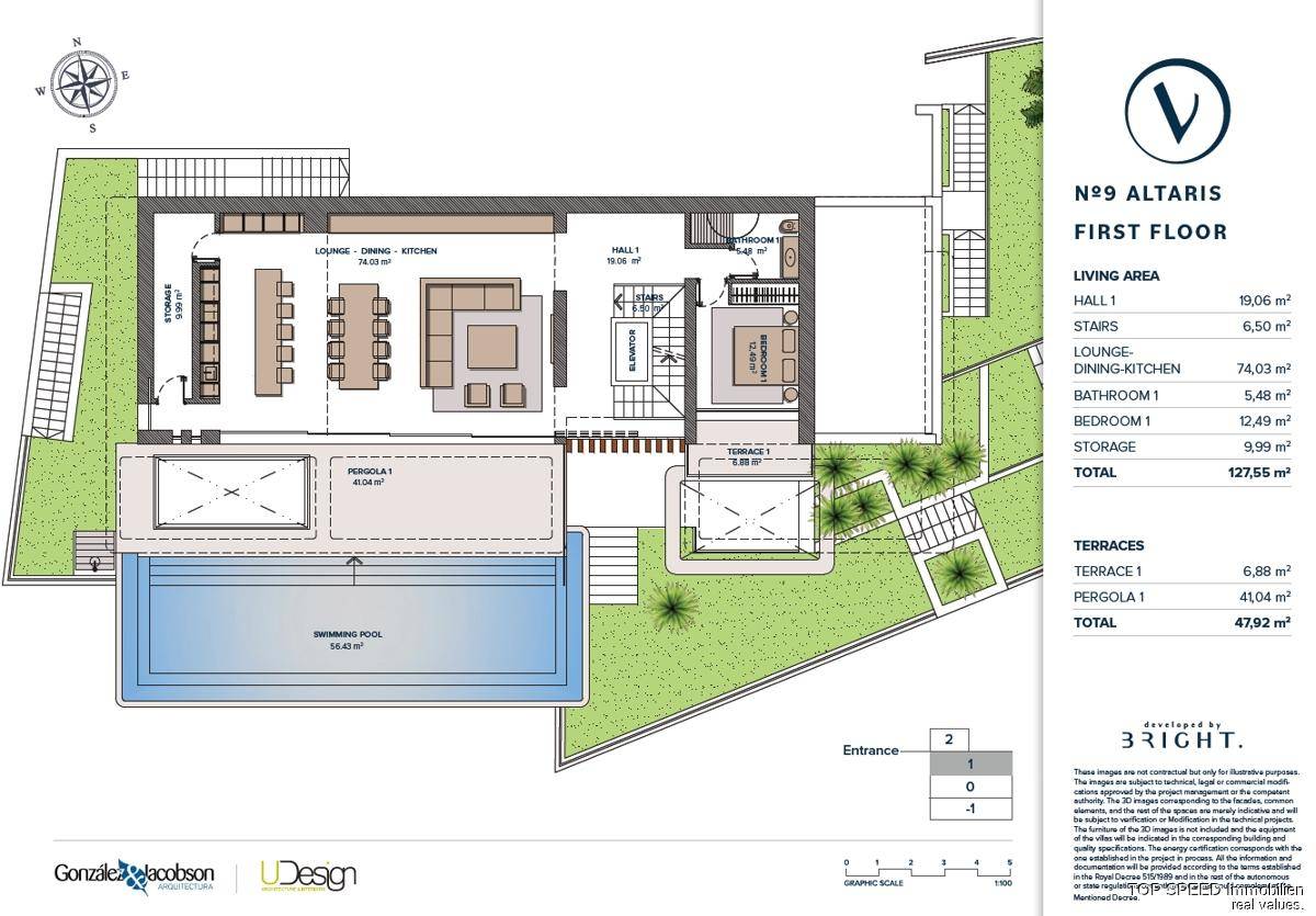 Grundriss des ersten Obergeschosses mit Wohnküche, Schlafzimmer und Pool.