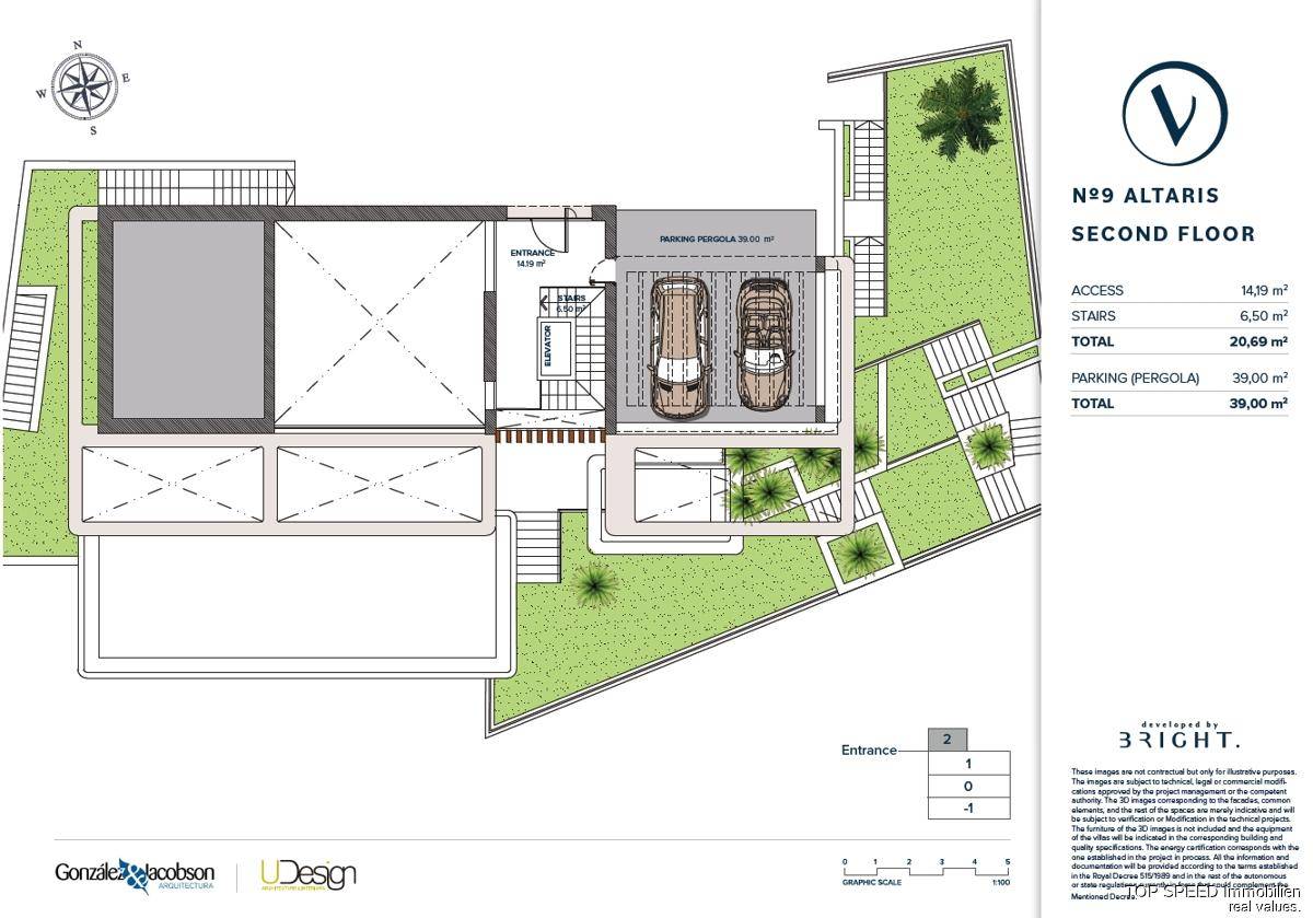 Grundriss des zweiten Obergeschosses mit Parkplätzen und Zugang.