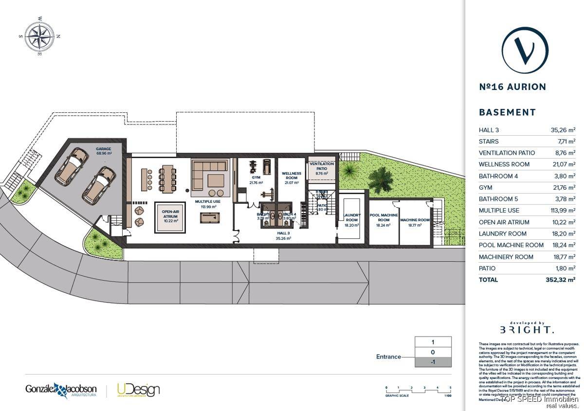 Grundriss des Untergeschosses mit Garage, Fitnessraum und Wellnessbereich.