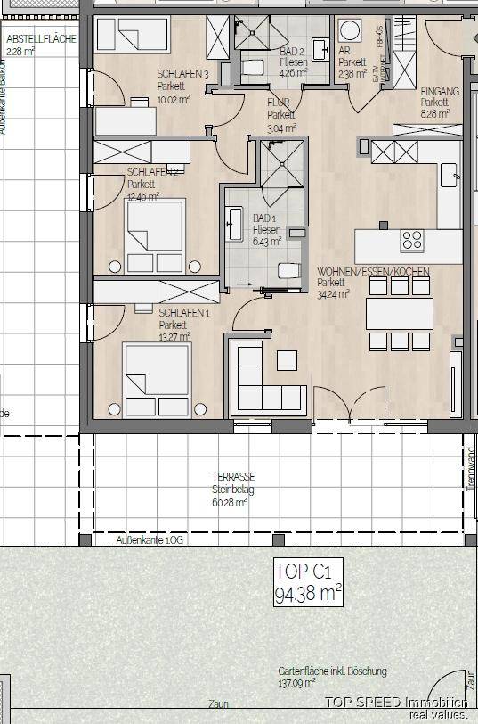Grundriss einer Wohnung mit drei Schlafzimmern, zwei Bädern und einem offenen Wohn-Ess-Kochbereich.