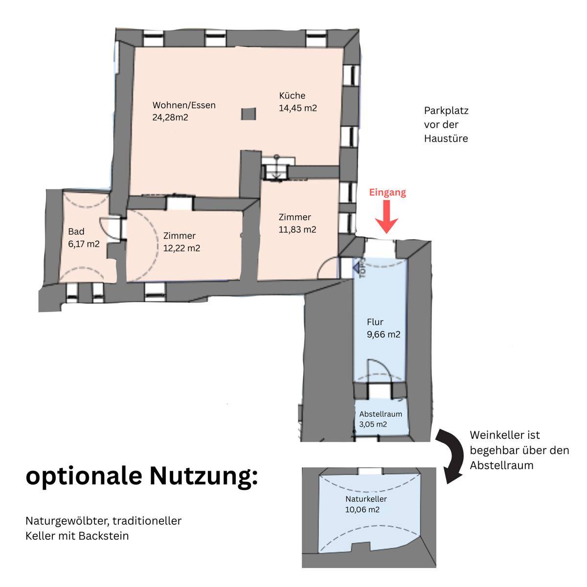 Grundriss des Erdgeschosses mit Wohn-/Essbereich, Küche, Bad und Zimmern sowie Kellerzugang.