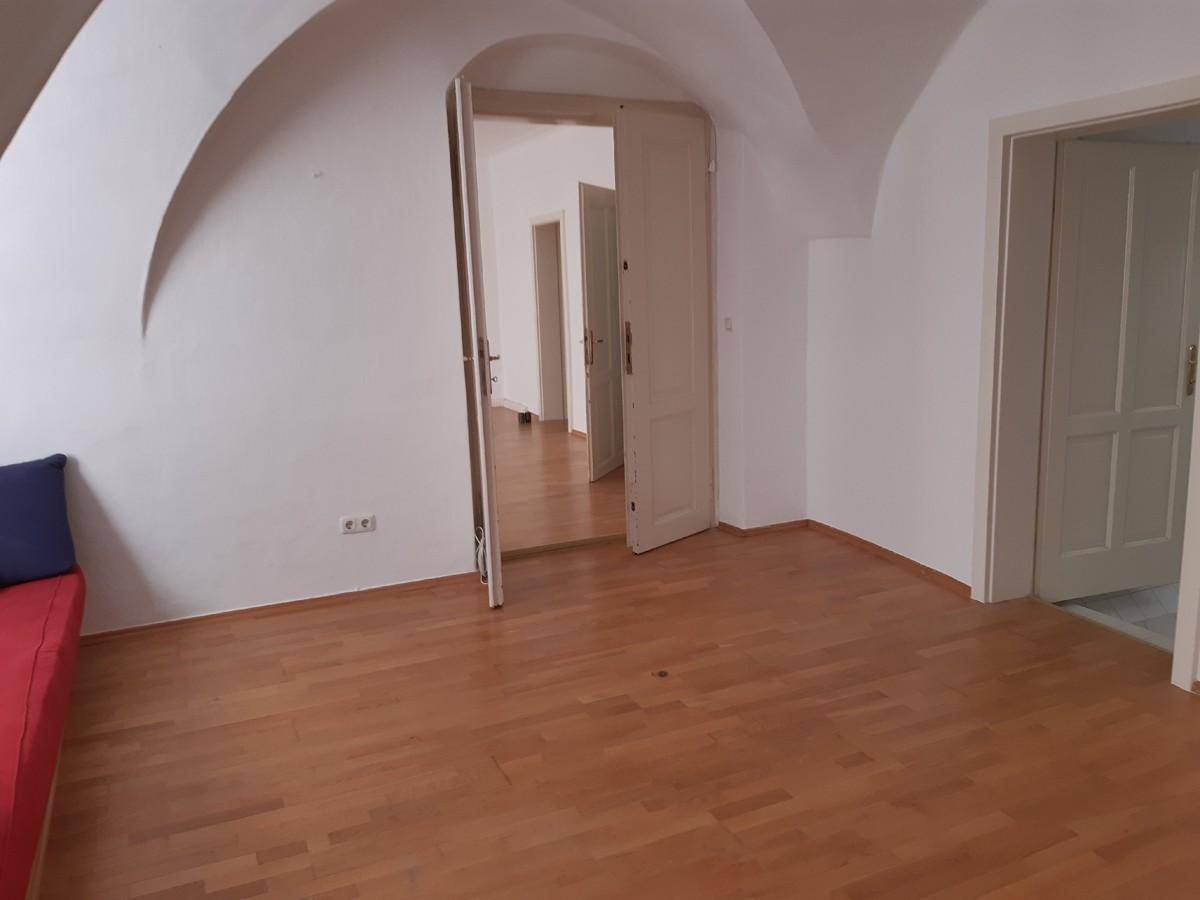 Geräumiger Flur mit Holzboden und Gewölbedecken, der zu mehreren Zimmern führt.