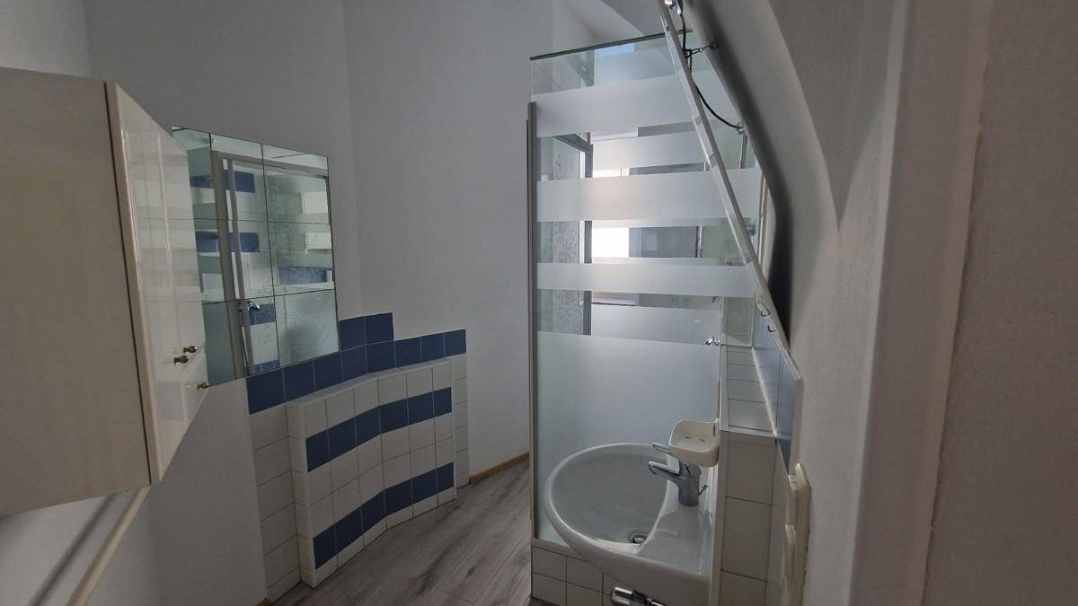 Badezimmer mit Waschbecken, Spiegelschrank und Duschkabine, ausgestattet mit blau-weißen Fliesen.