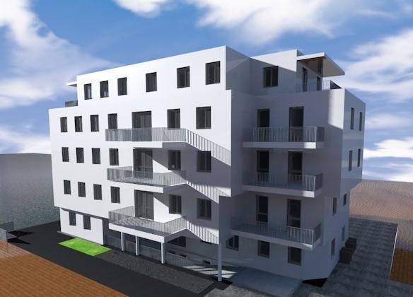 Visualisierung eines modernen Wohngebäudes mit mehreren Balkonen und klarer Architektur.