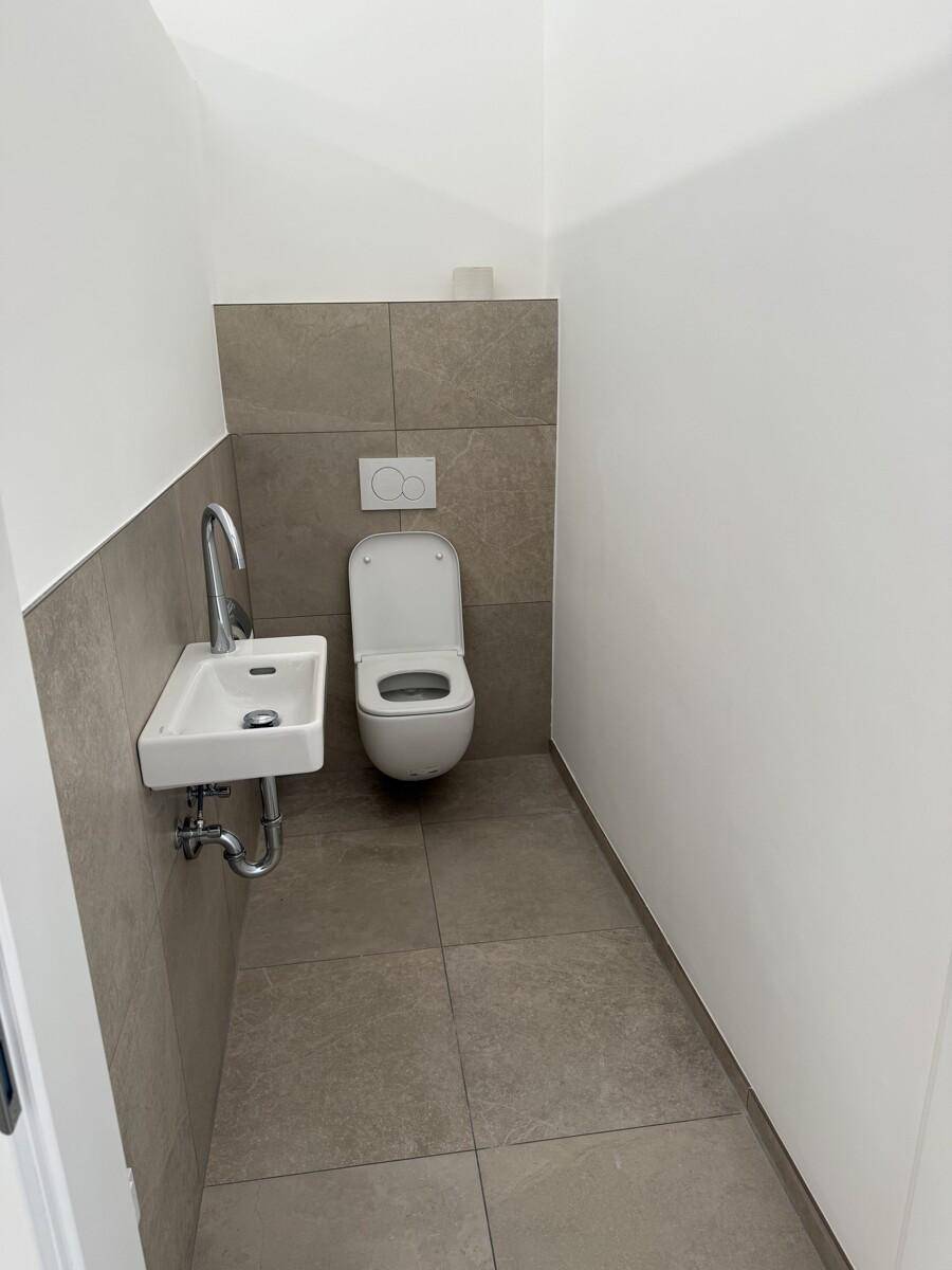Modernes Gäste-WC mit wandhängender Toilette, kleinem Waschbecken und eleganten Fliesen.