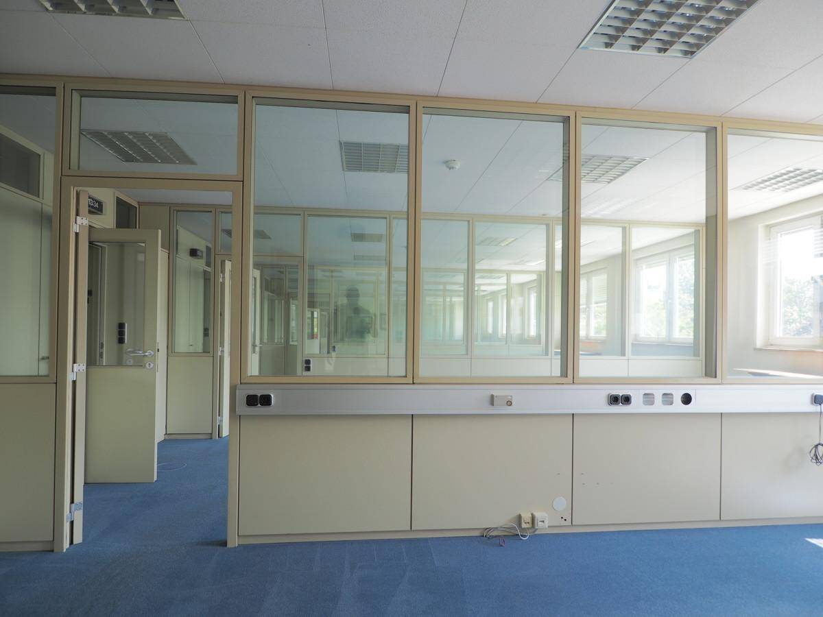 Großer Büroraum mit modularen Glaswänden und blauem Teppichboden, bereit zur Einrichtung.