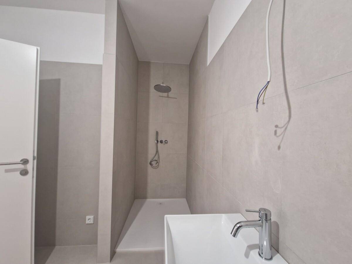 Detailansicht der begehbaren Dusche mit Regenduschkopf und modernem Waschbecken im Badezimmer.