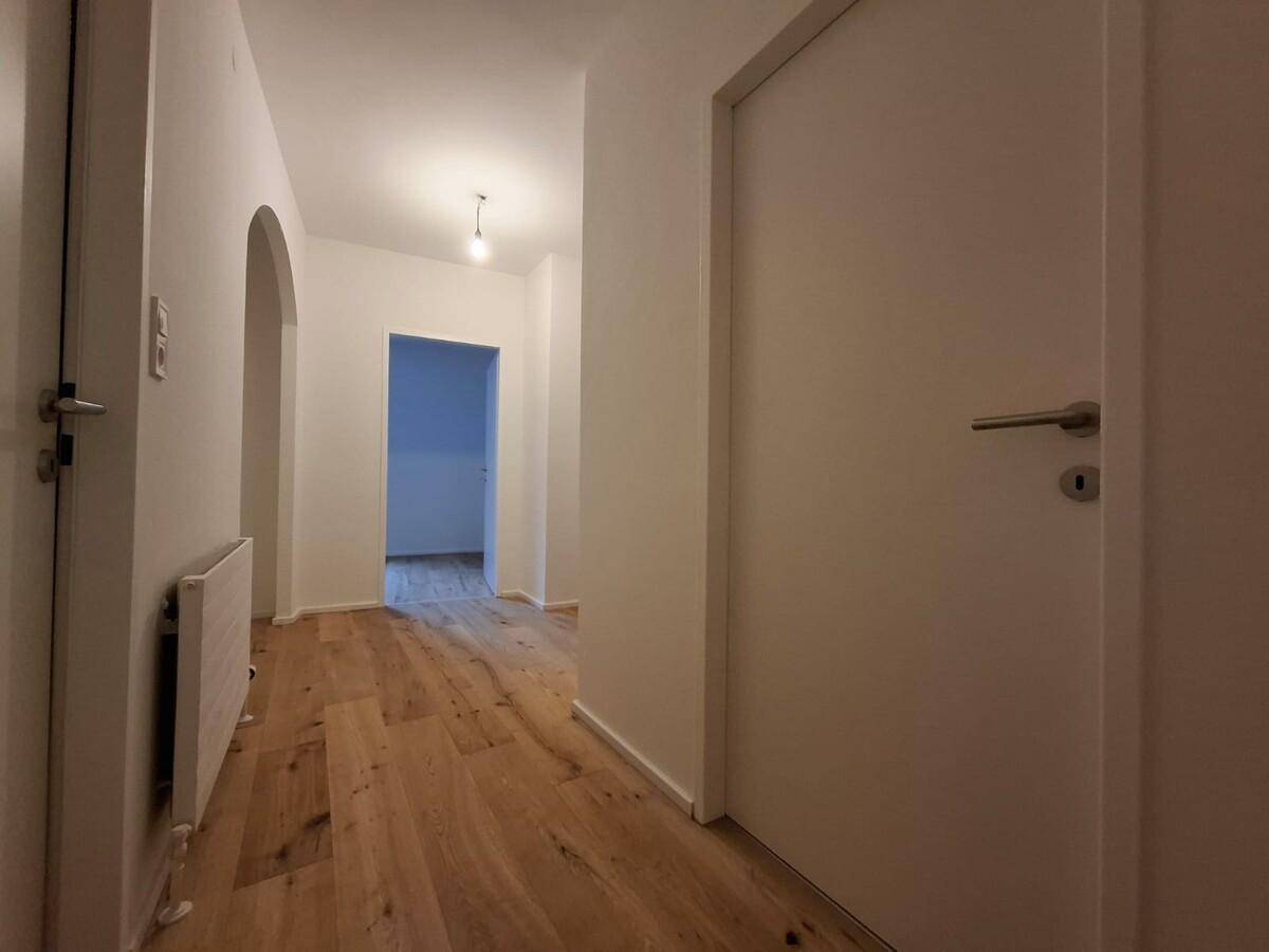 Heller Flur mit Holzboden und einem eleganten Bogen, der zu weiteren Räumen führt.