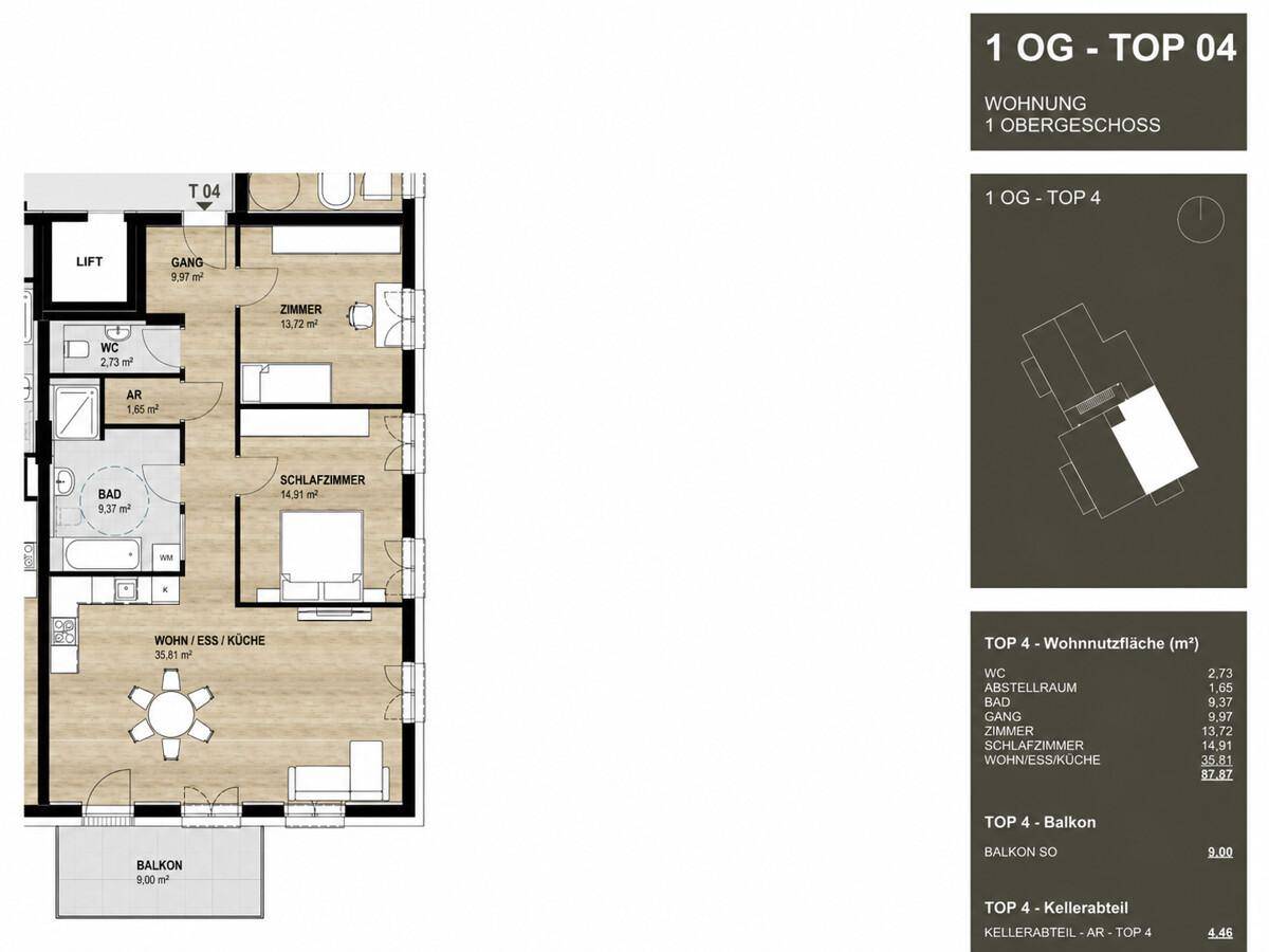Detaillierter Grundriss einer Wohnung im Obergeschoss mit Balkon und Liftzugang.